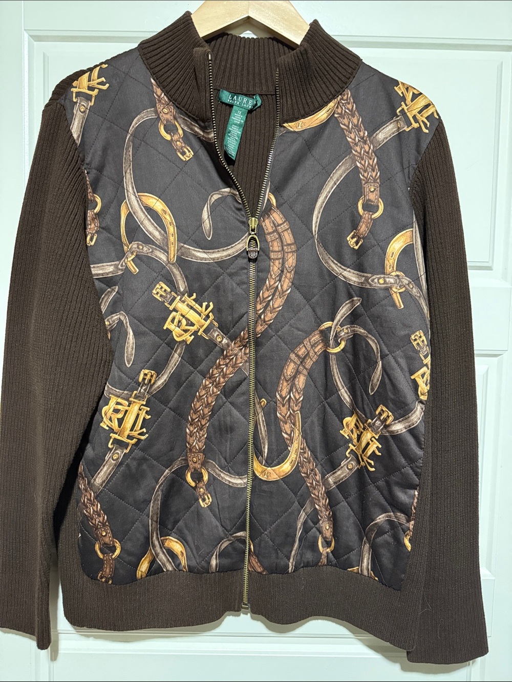 Vintage Ralph Lauren Equestrian Full Zip Sweater Brown Size 1X chains horseshoe